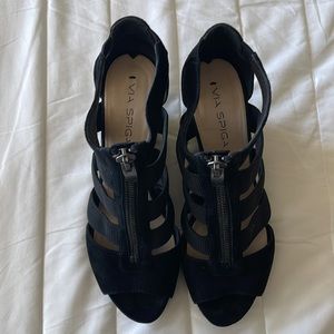 Via Spiga Bevina Wedge Sandal 
9M Black 
New In Box
3 1/2 inch heel